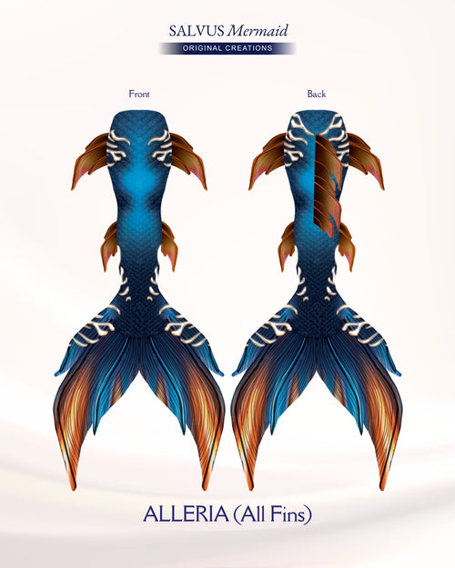 Blue and orange salvus mermaid Swimmable fabric tail with vibrant blue and orange print