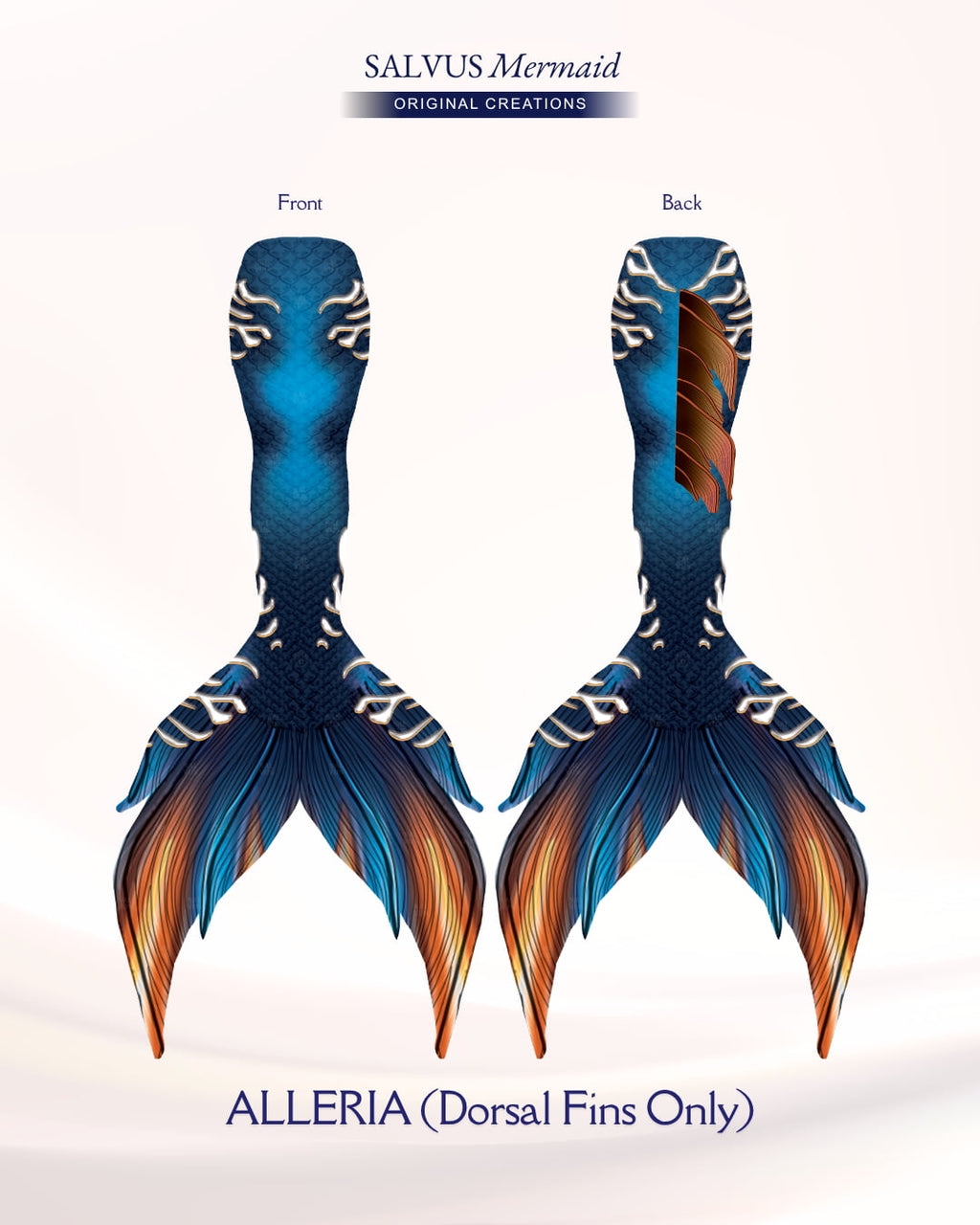 salvus mermaid original creations Swimmable fabric tail with vibrant blue and orange print