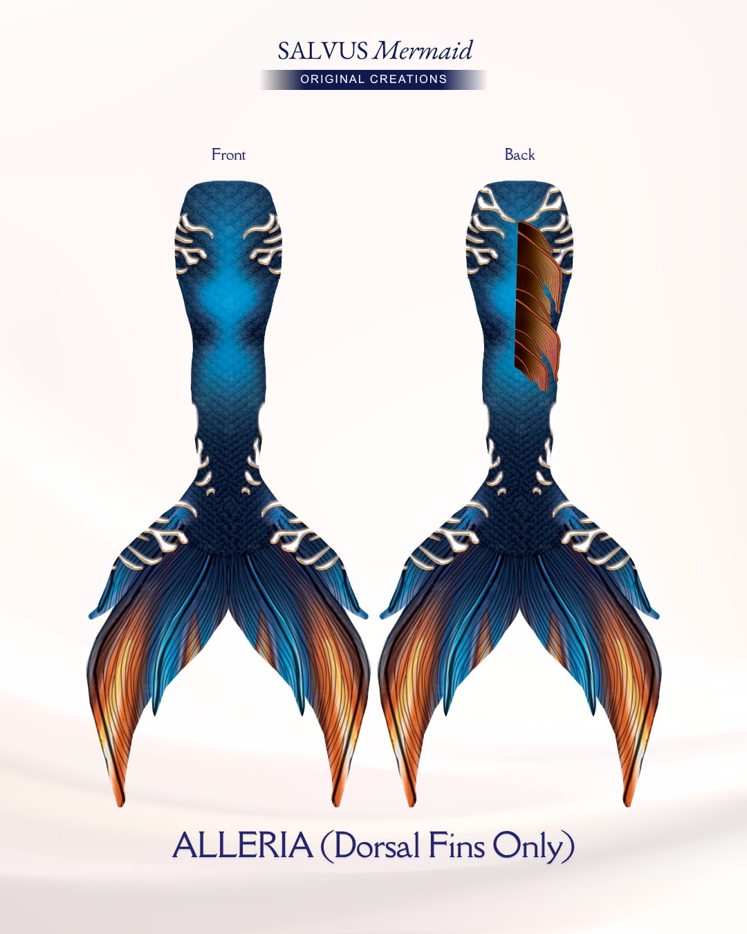 salvus mermaid original creations Swimmable fabric tail with vibrant blue and orange print