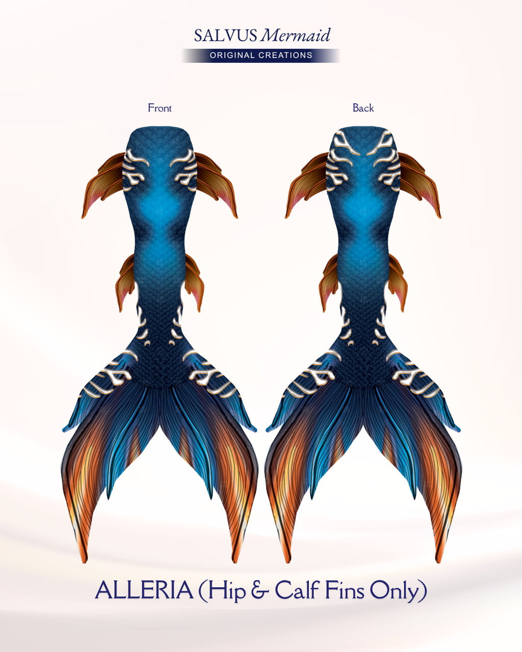 salvus mermaid original creations Swimmable fabric tail with vibrant blue and orange print
