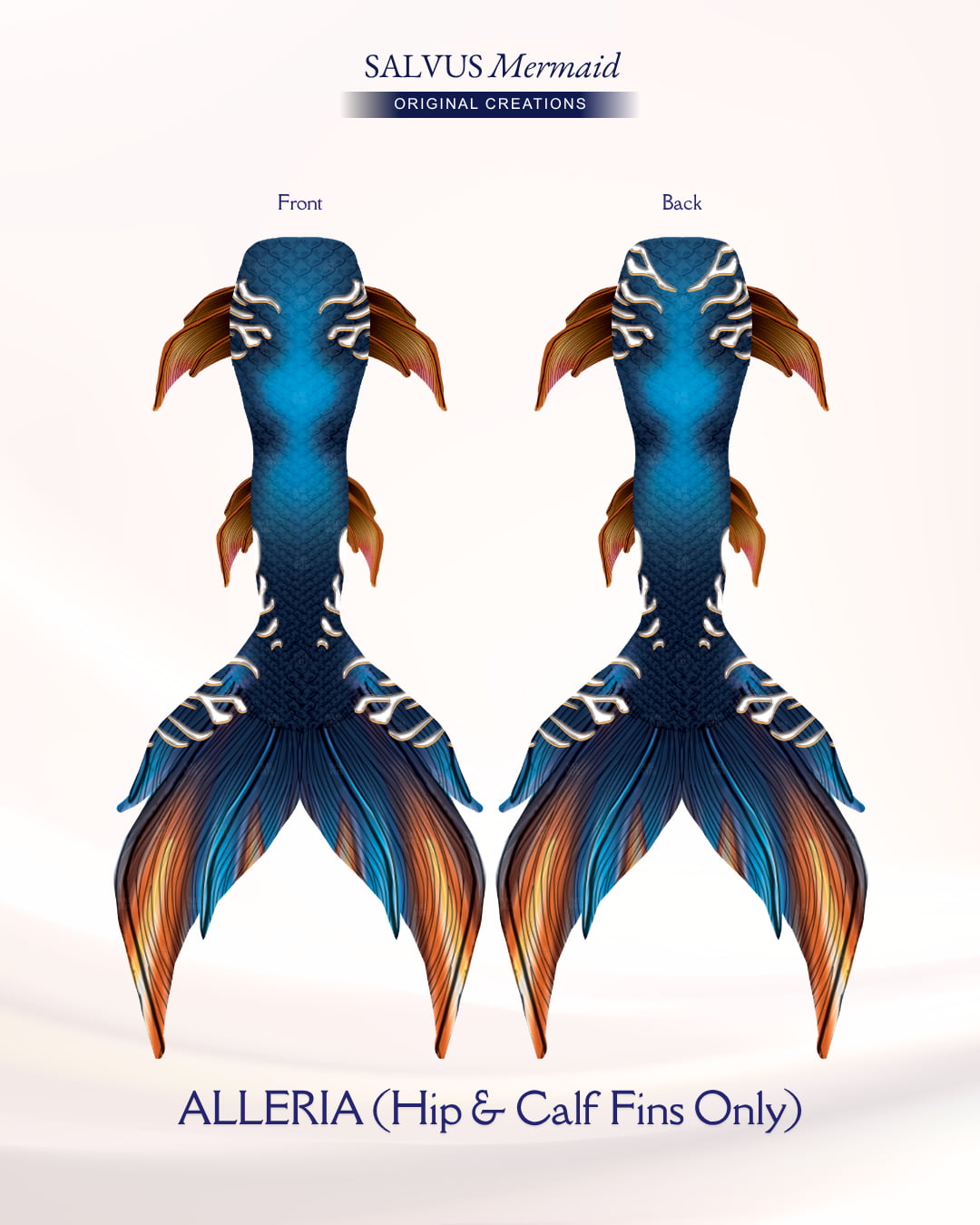salvus mermaid original creations Swimmable fabric tail with vibrant blue and orange print