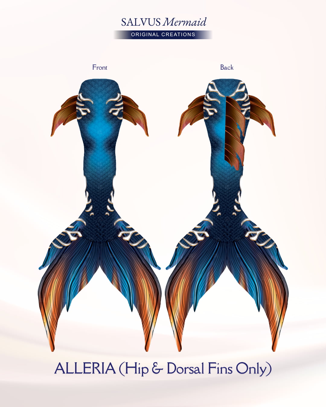 salvus mermaid original creations Swimmable fabric tail with vibrant blue and orange print