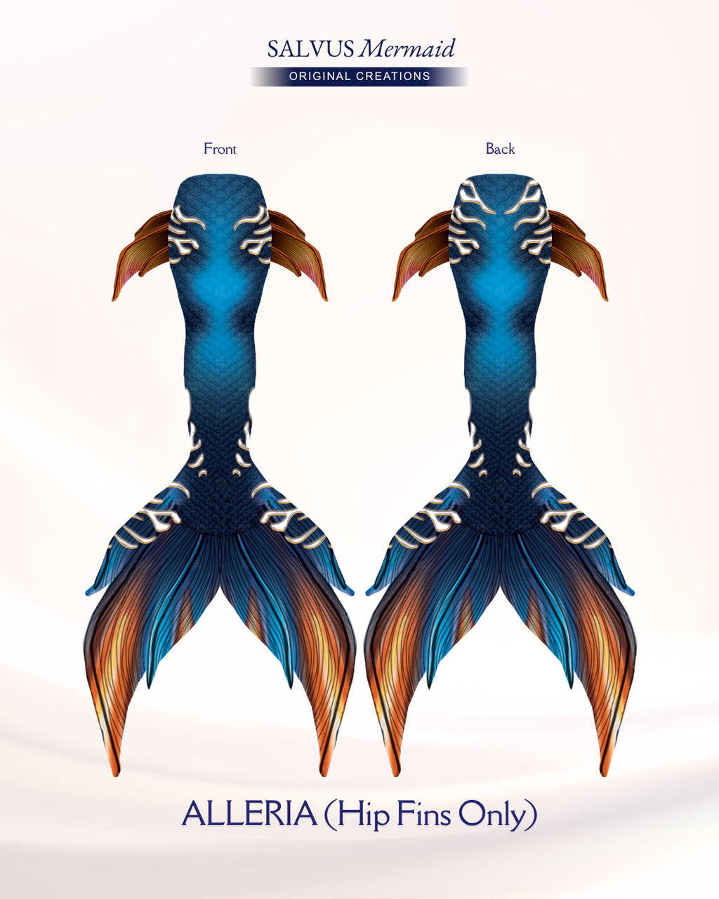 Blue and orange salvus mermaid Swimmable fabric tail with vibrant blue and orange print