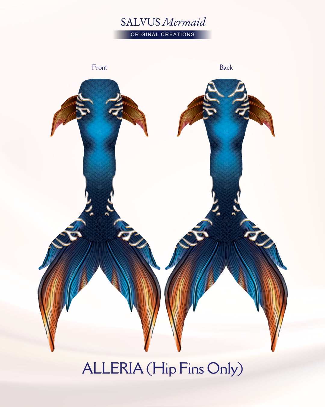 Blue and orange salvus mermaid Swimmable fabric tail with vibrant blue and orange print