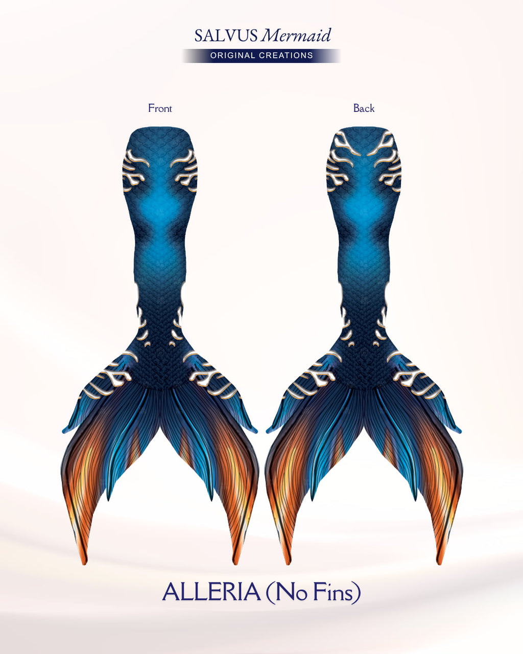 Blue and orange salvus mermaid Swimmable fabric tail with vibrant blue and orange print