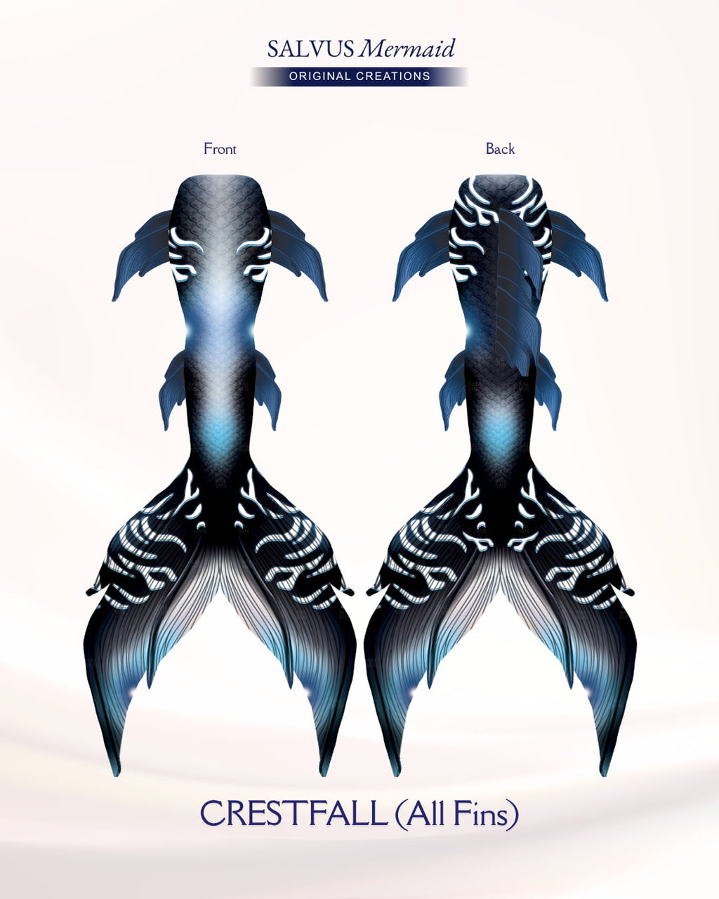 salvus mermaid original creations Swimmable fabric tail with vibrant blue, white and black print