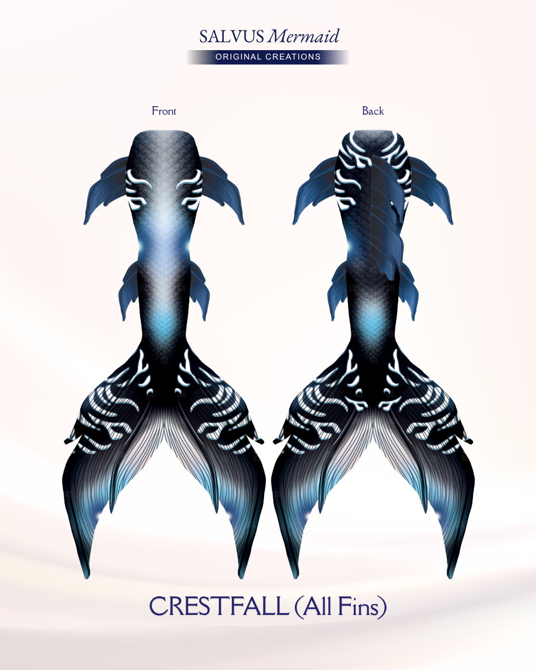 salvus mermaid original creations Swimmable fabric tail with vibrant blue, white and black print