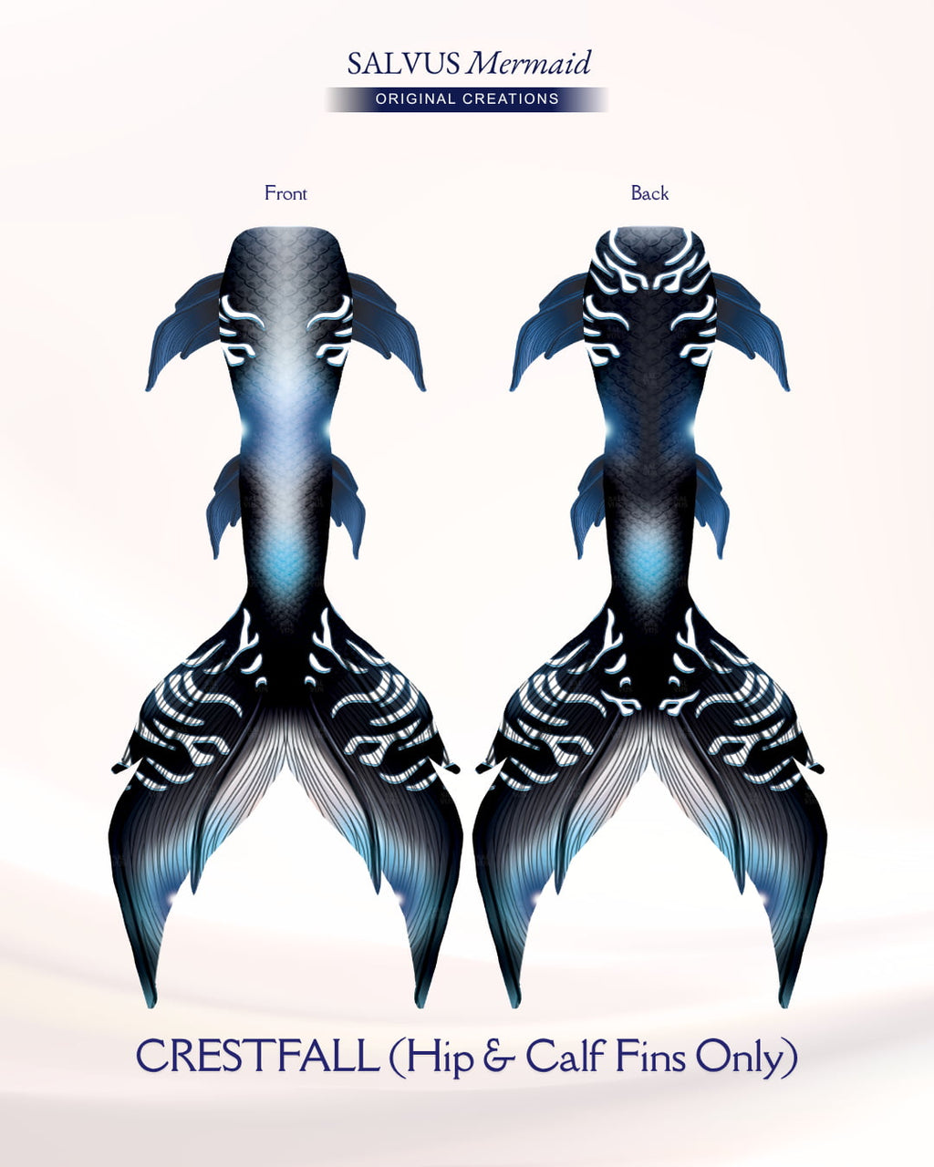 salvus mermaid original creations Swimmable fabric tail with vibrant blue, white and black print