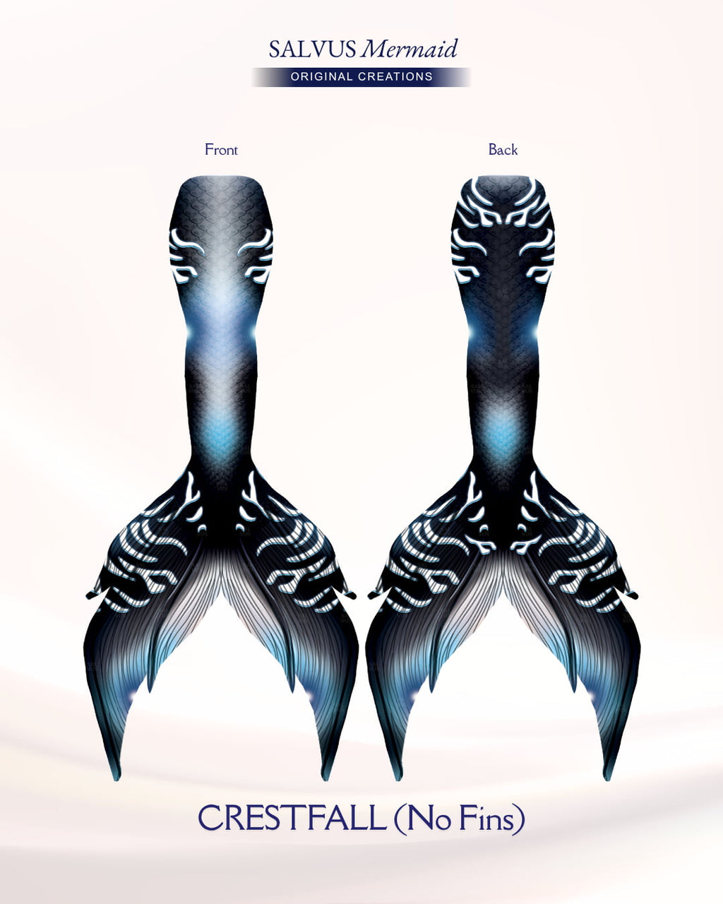 salvus mermaid original creations Swimmable fabric tail with vibrant blue, white and black print