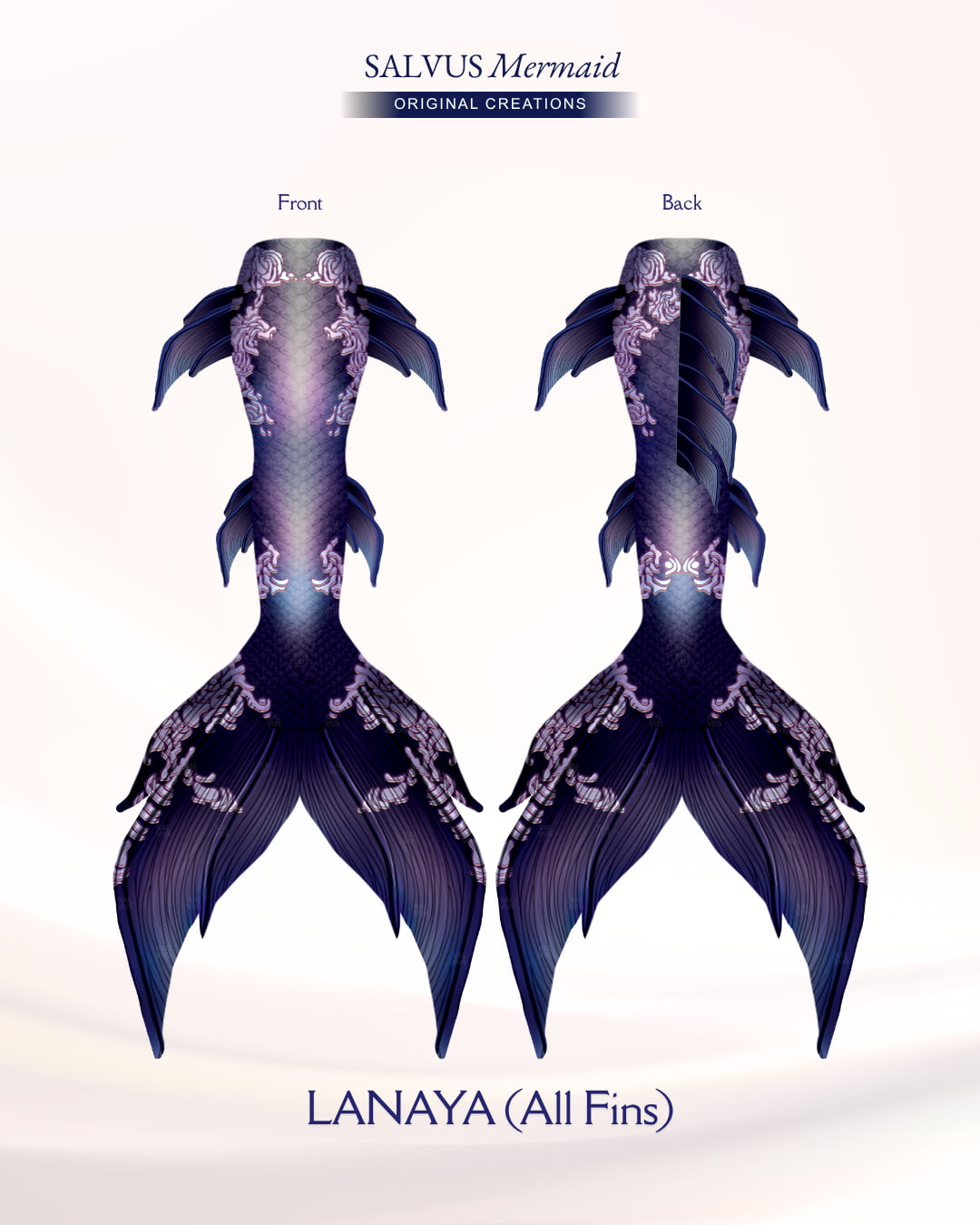 salvus mermaid original creations Swimmable fabric tail with vibrant purple print