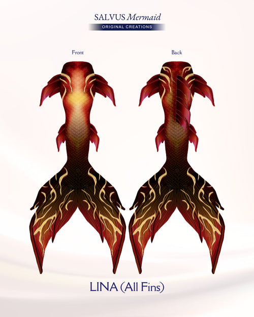 salvus mermaid original creations Swimmable fabric tail with vibrant red, gold and black print
