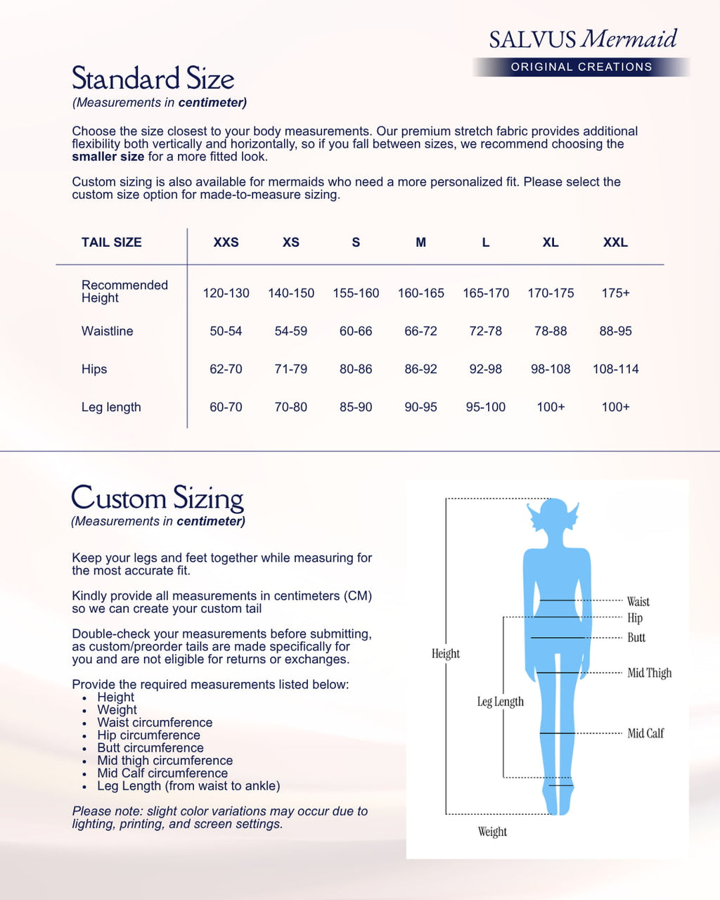 Salvus Mermaid tail size chart in centimeters