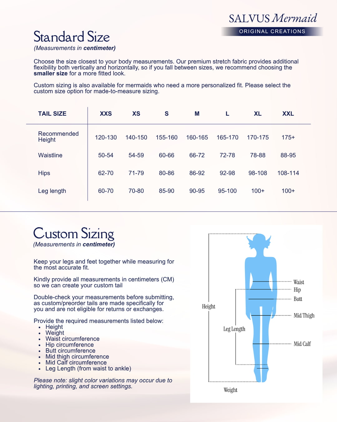 Salvus Mermaid tail size chart in centimeters